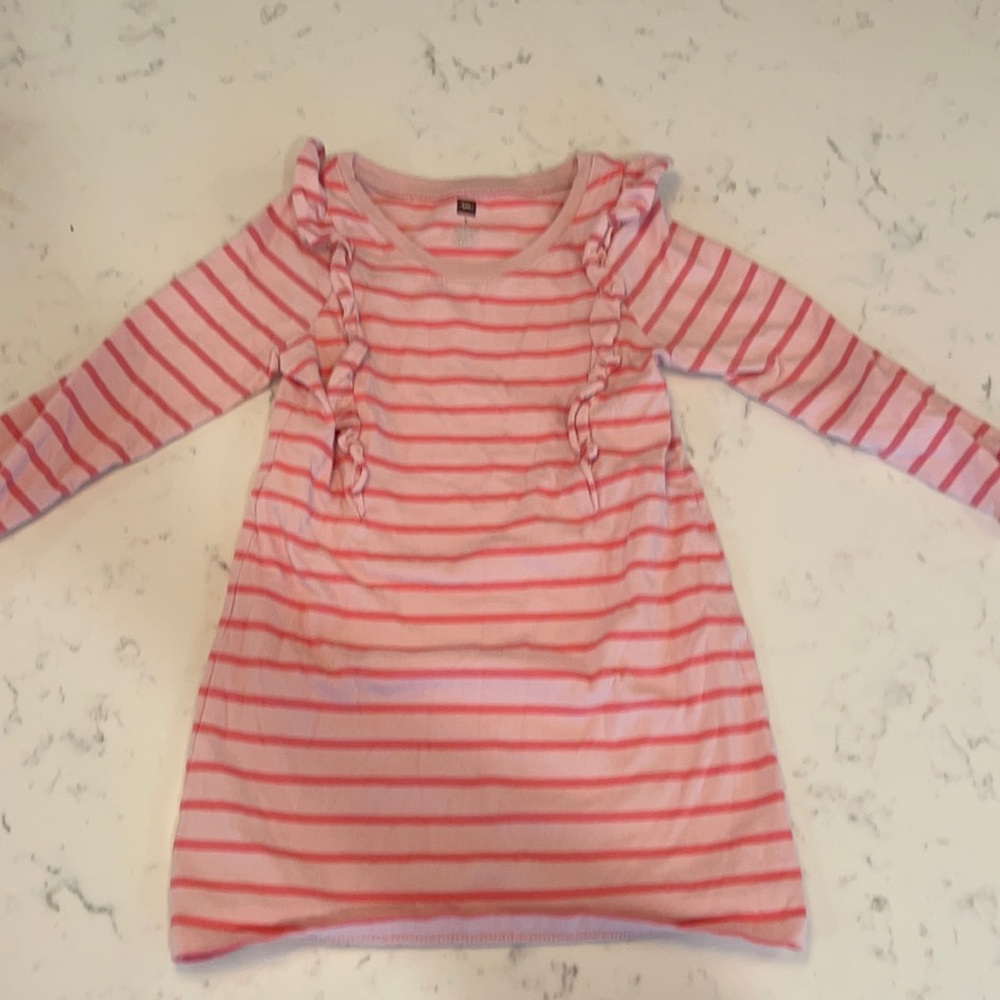 Tea pink striped dress with ruffle at shoulders